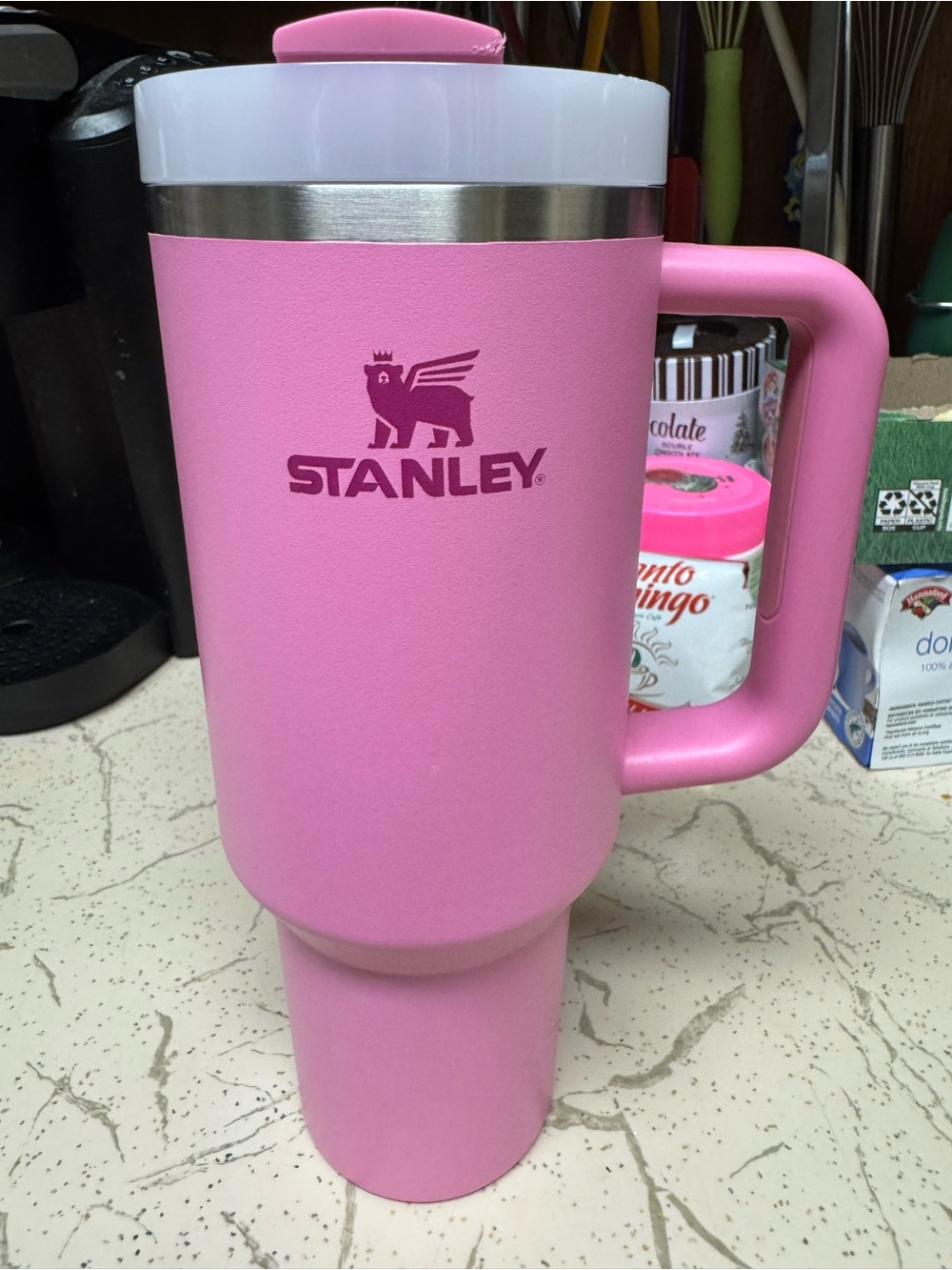 Stanley Pink Travel Mug with White Lid and Pink Handle